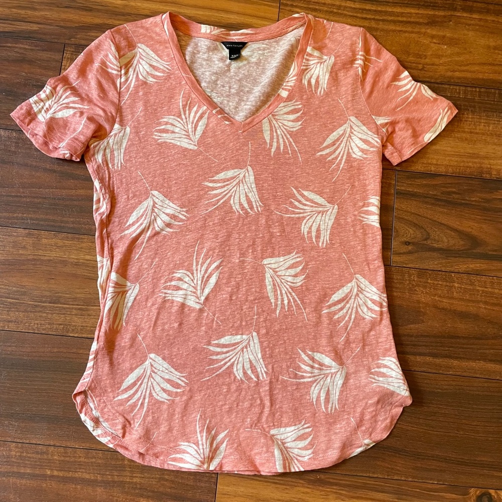 Ann Taylor 100% Linen Tee Coral White Top xxs